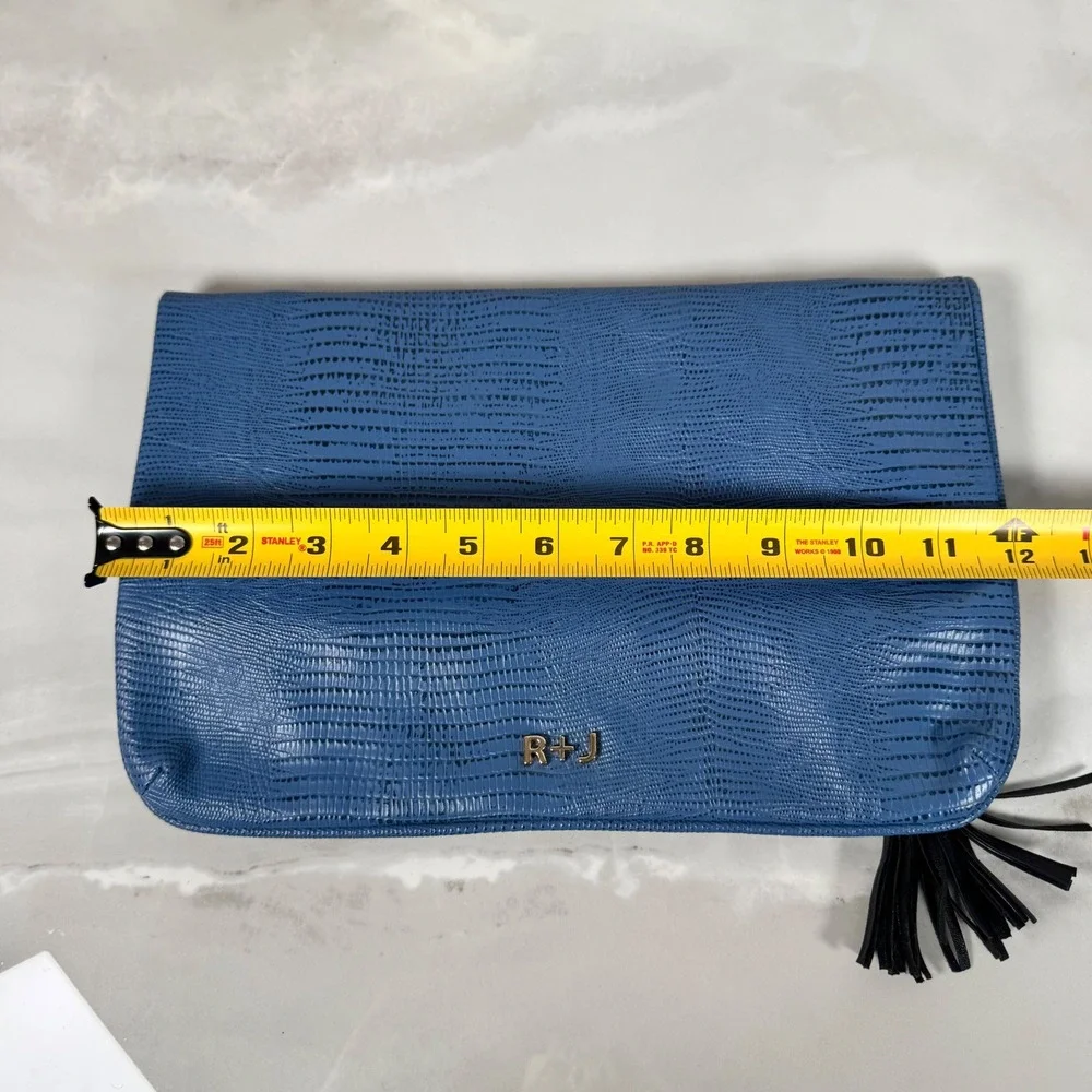 R+J Romeo + Juliet Couture Blue Faux Leather Snakeprint Foldover Clutch‎ Tassel